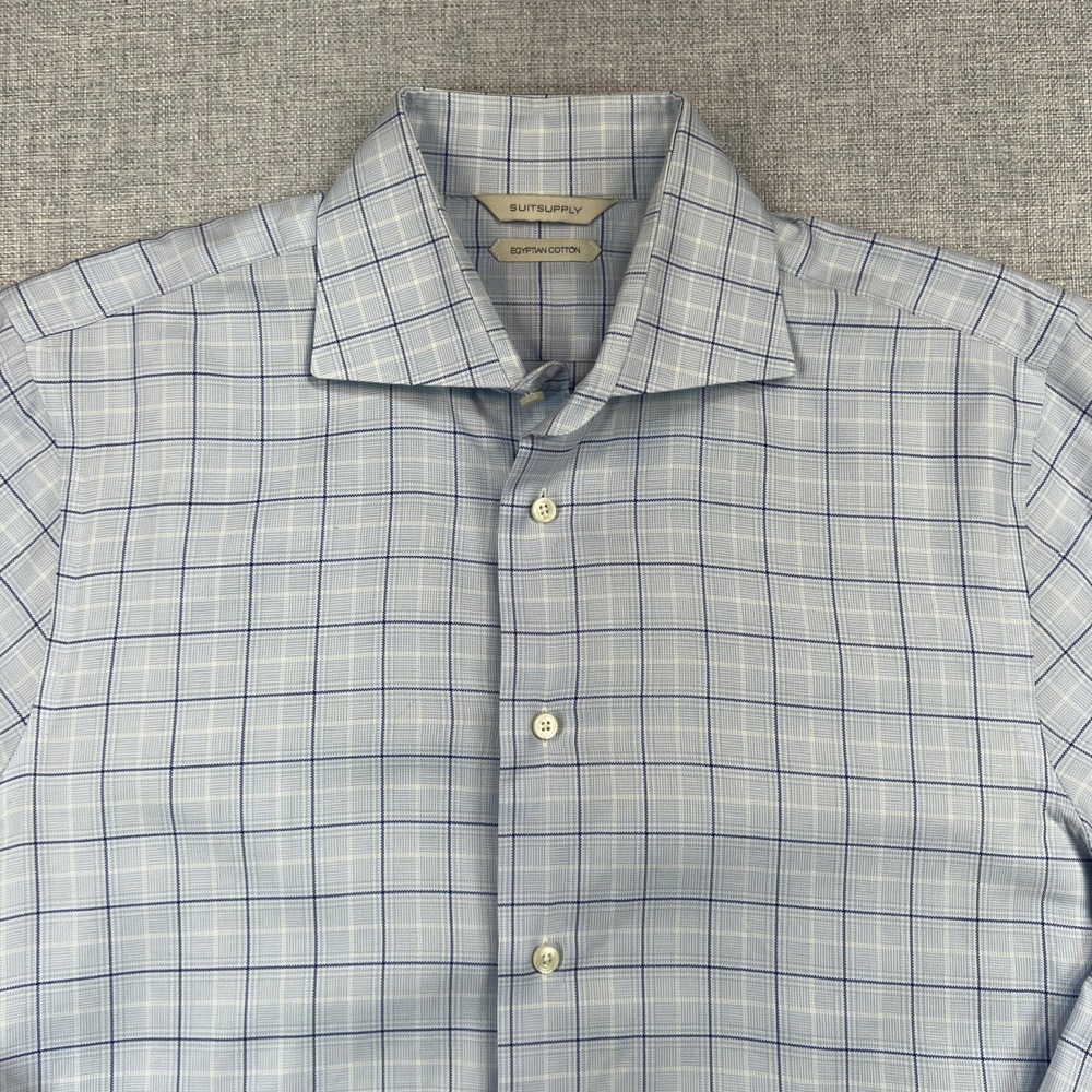 SUITSUPPLY Egyptian Cotton Dress‎ Shirt Men 15.5 Large Blue Windowpane Italian